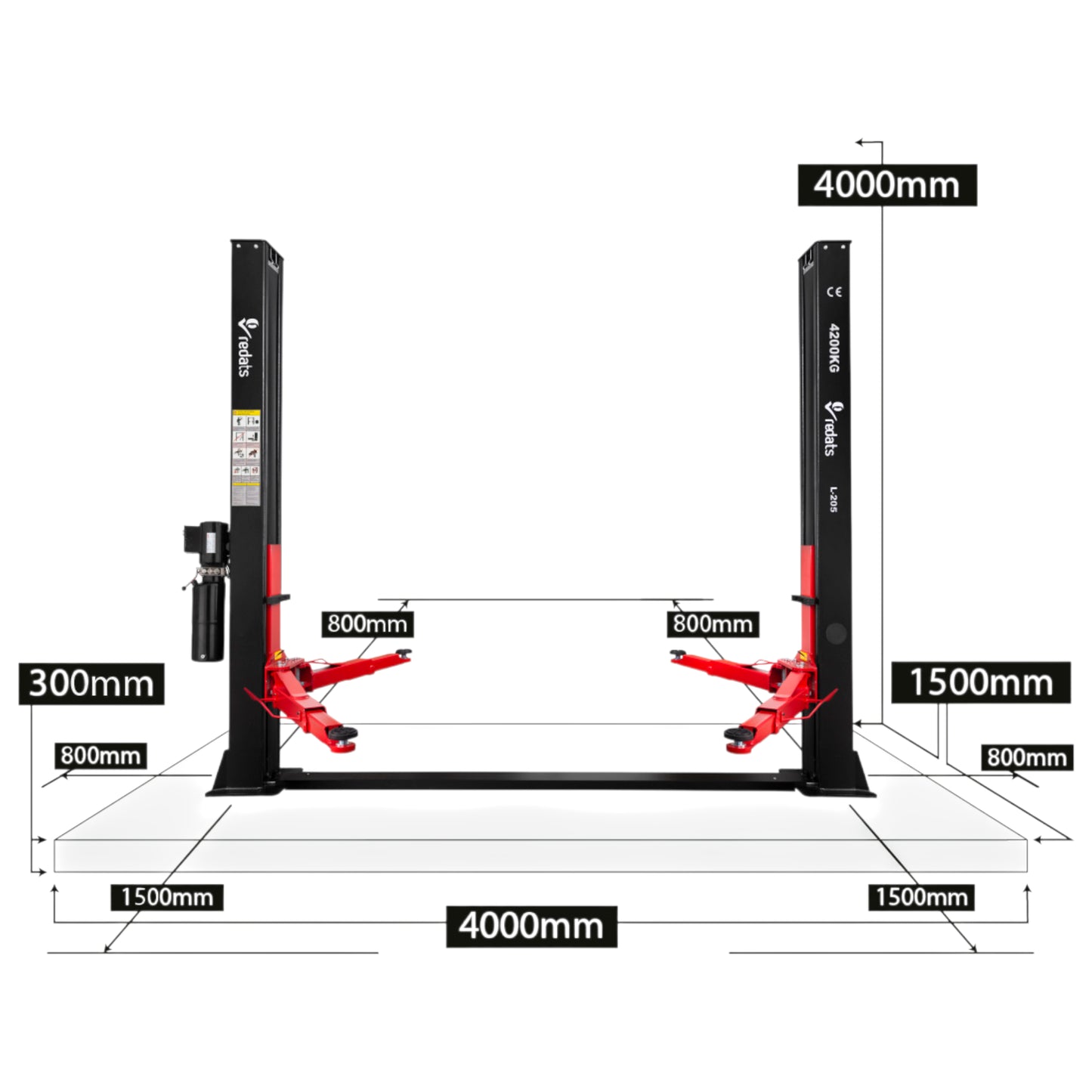 REDATS L-205F Hebebühne Halbautomatik 4,2T 230V – Zweisäulenhebebühne für PKW & Transporter